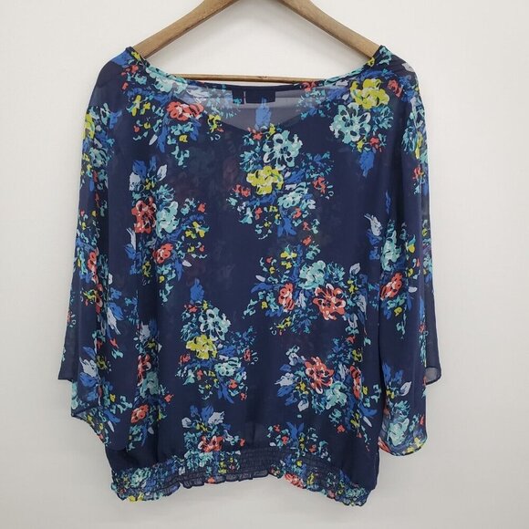 A.n.a Womens Floral Print Sheer Blouse Top Plus Size 2X Blue 3/4 Sleeve‎ V-Neck - Picture 4 of 14